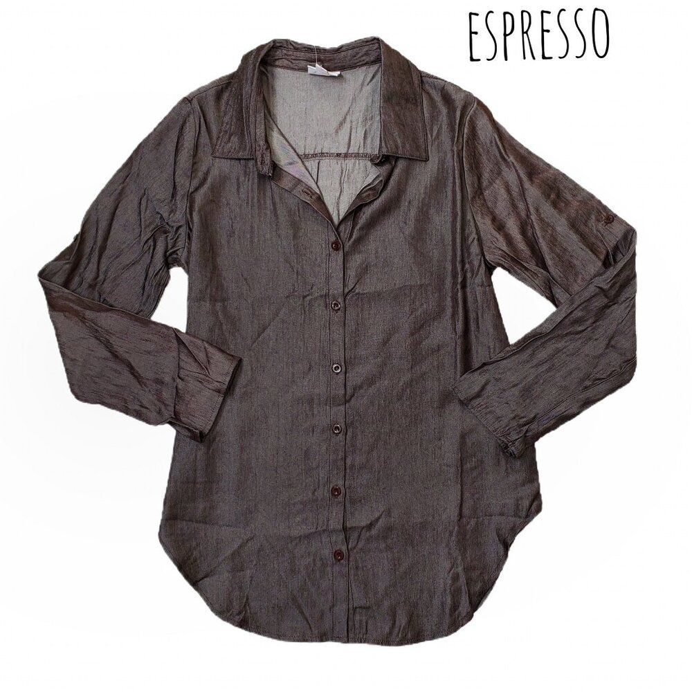 LuLaRoe Denim Chambray Espresso Brown Valentina Long Sleeve Button Down Shirt‎